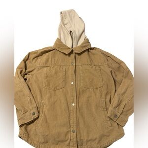 Hollister Jacket Women’s Size XL Beige Khaki Corduroy Snap Button Coat Hooded